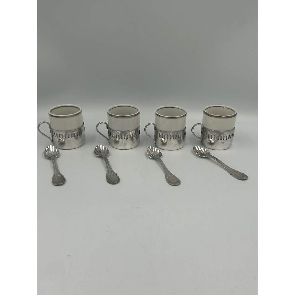 Vintage Bellini Brazil Demitasse Espresso Cups Silver Plate Holders Spoons Set 4